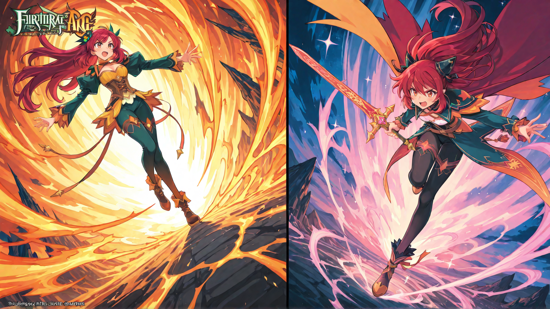 AI generated wallpaper featuring anime character, girl, sword, flame, magic, cape