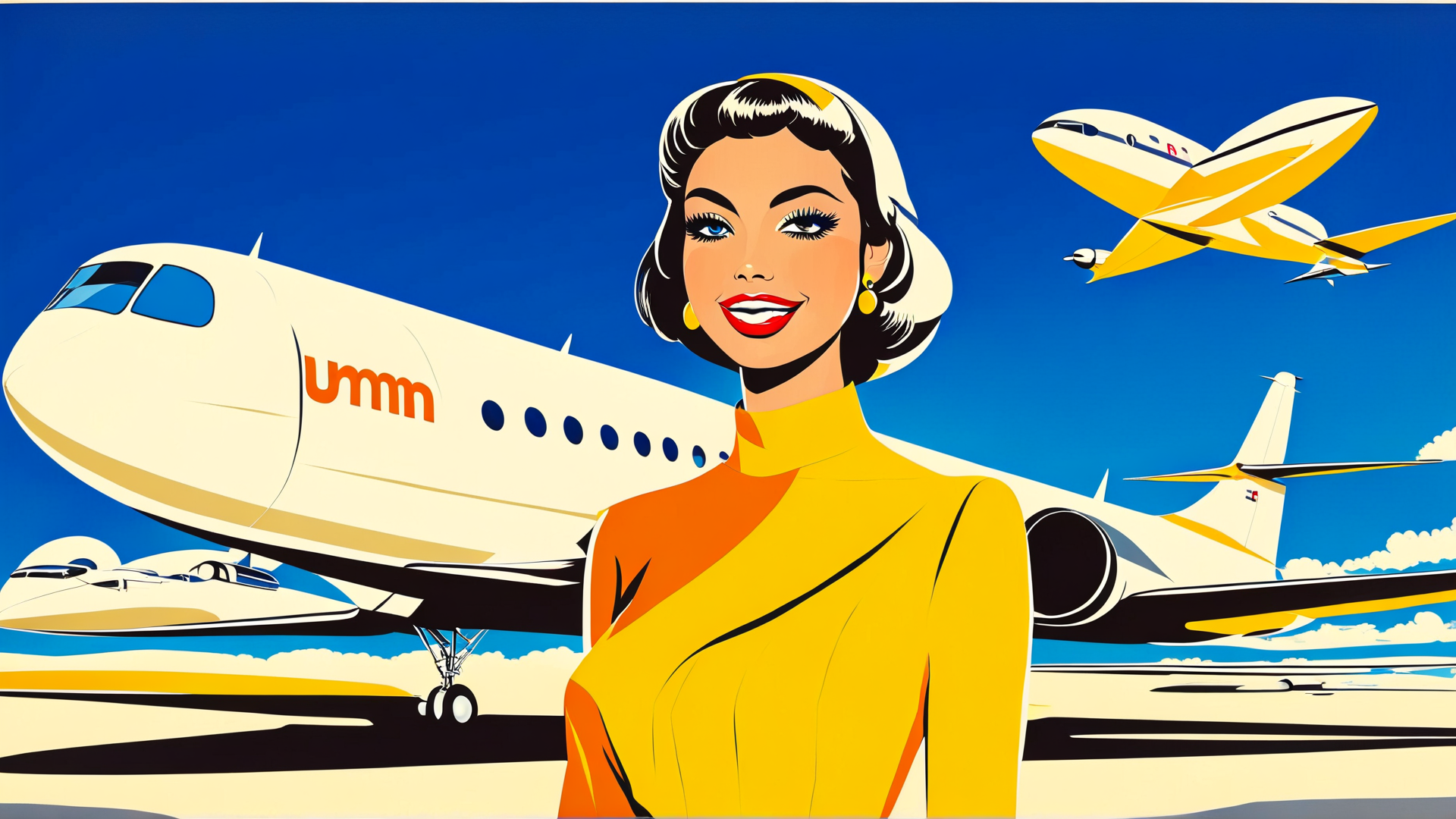 AI generated wallpaper featuring airline, woman, plane, airport, uniform, passenger, aircraft, aviation, travel, sky