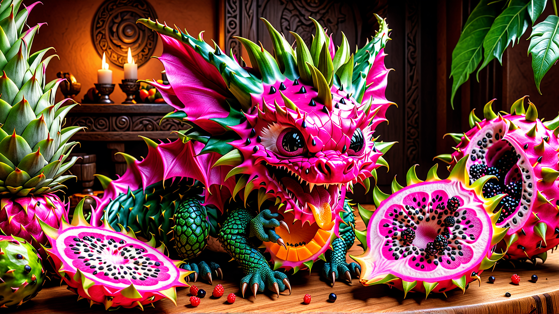 AI generated wallpaper featuring dragon, dragonfruit