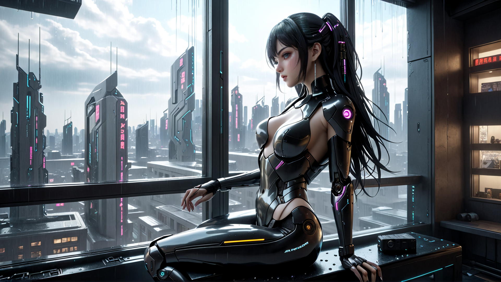 AI generated wallpaper featuring cyborg, woman, cityscape