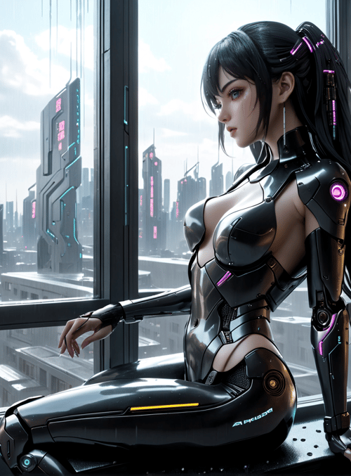 cyborg, woman, cityscape
