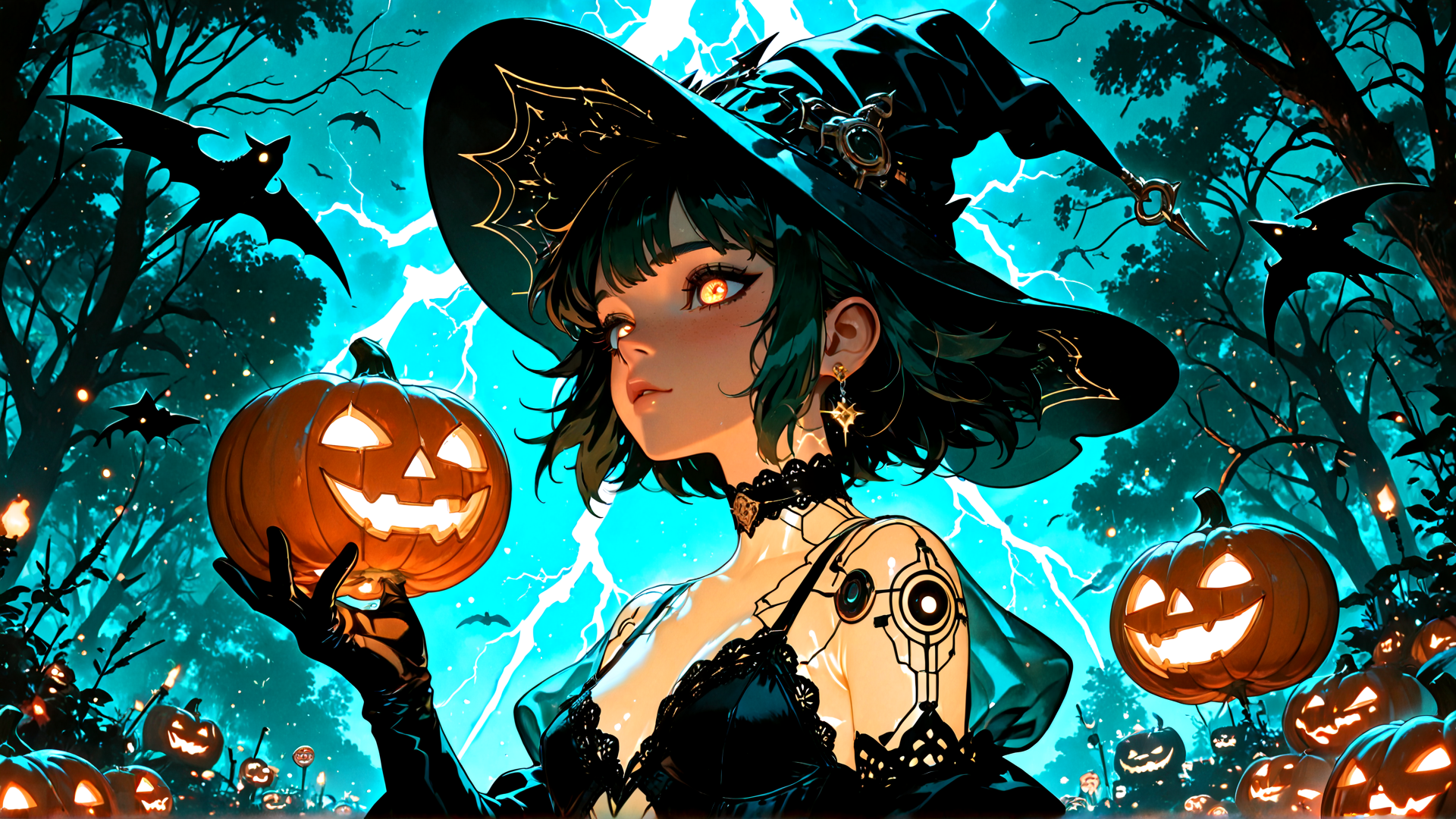 AI generated wallpaper featuring witch, pumpkin, bats, trees, lamps