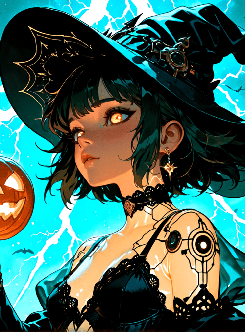 witch, pumpkin, bats, trees, lamps