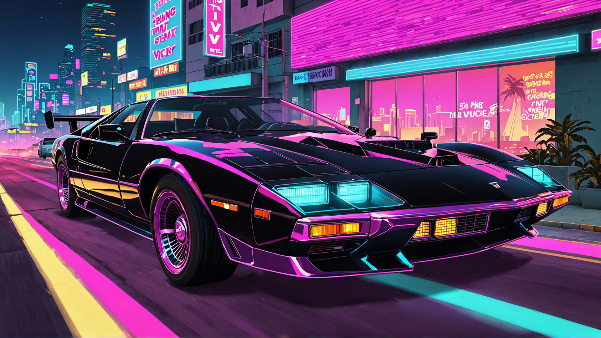 AI generated wallpaper featuring car, city, neon