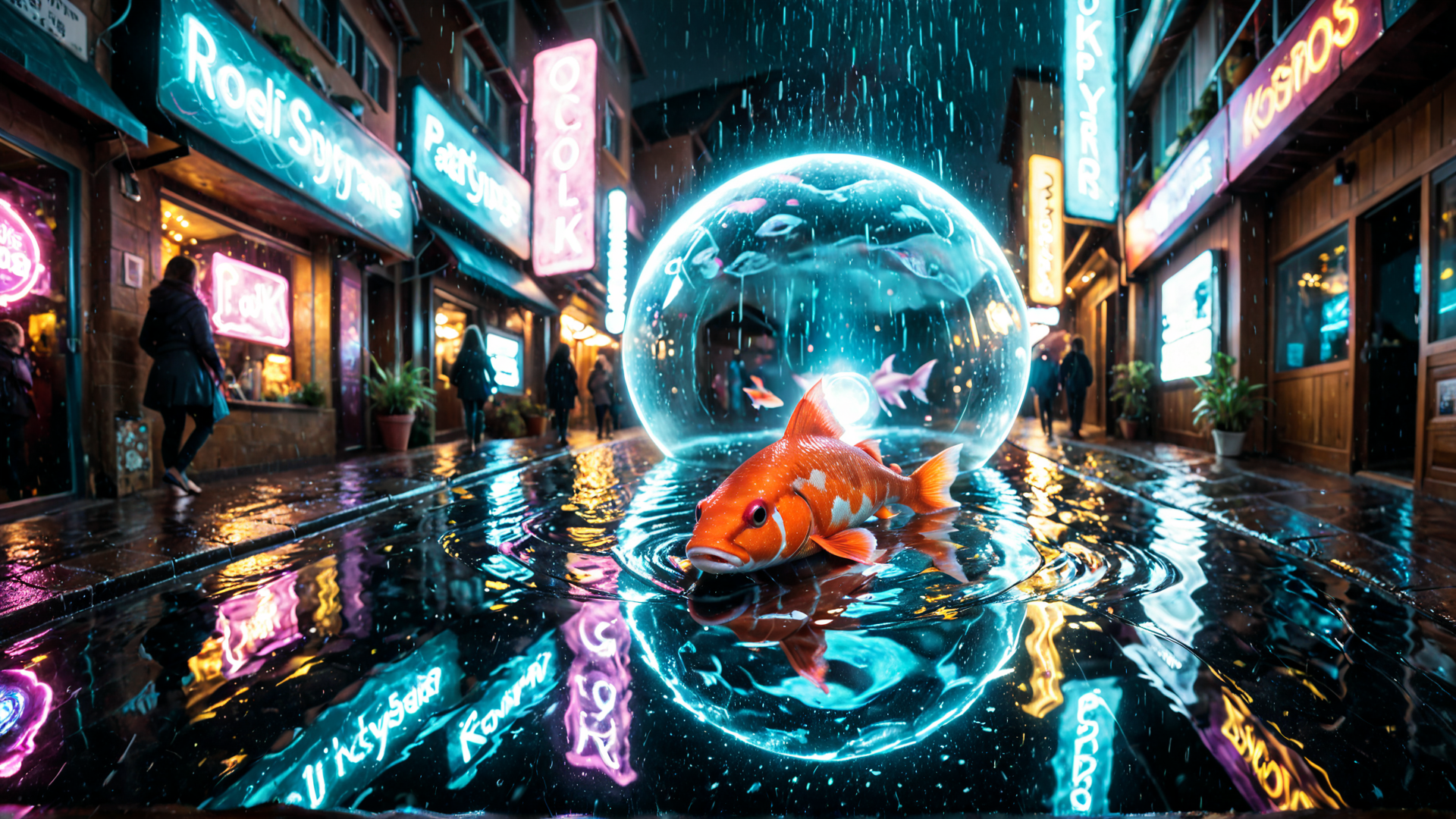 AI generated wallpaper featuring fish, aquarium, street, neon signs, rain