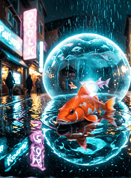 fish, aquarium, street, neon signs, rain