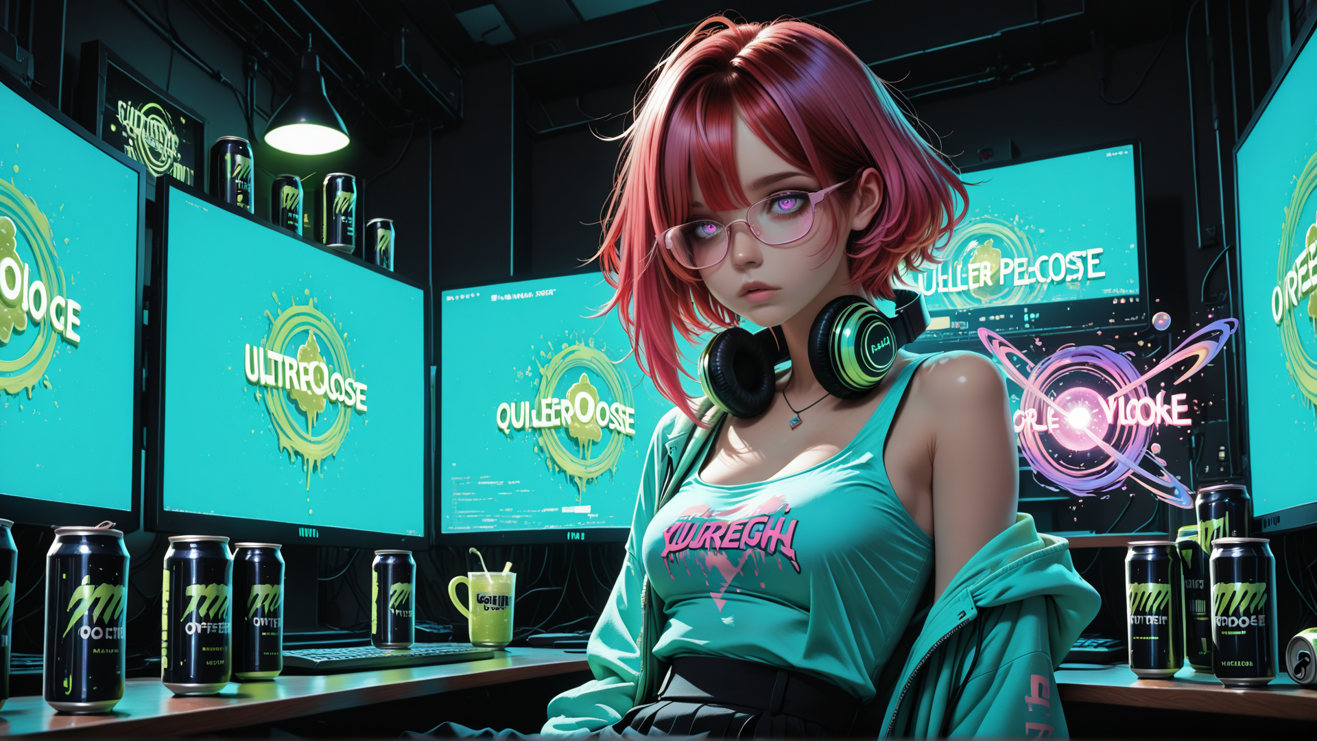 AI generated wallpaper featuring girl, monitor, headphones, can, computer, chair, cup, glasses, jacket, screen