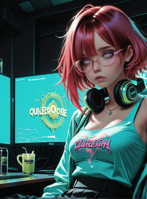girl, monitor, headphones, can, computer, chair, cup, glasses, jacket, screen