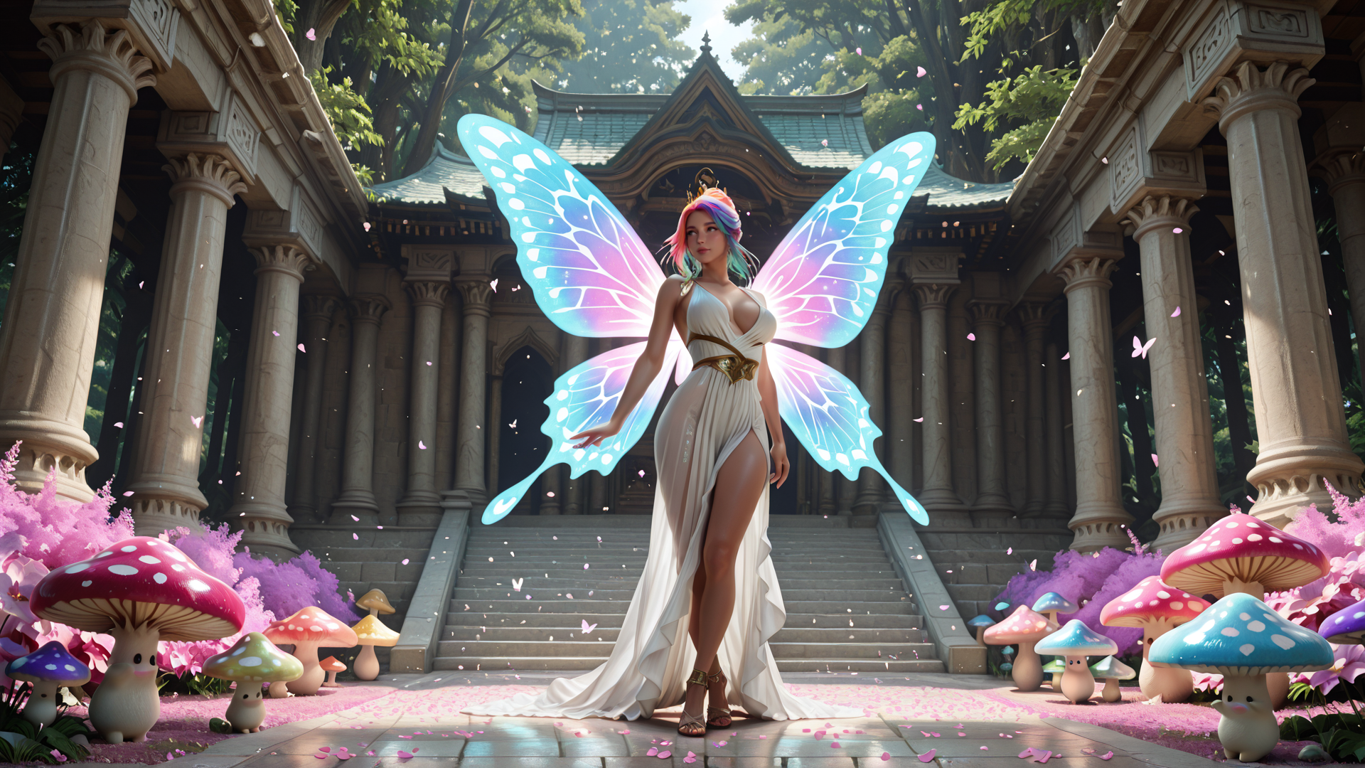 AI generated wallpaper featuring fairy, butterfly, mushroom, temple, column