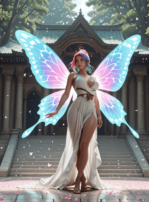 fairy, butterfly, mushroom, temple, column