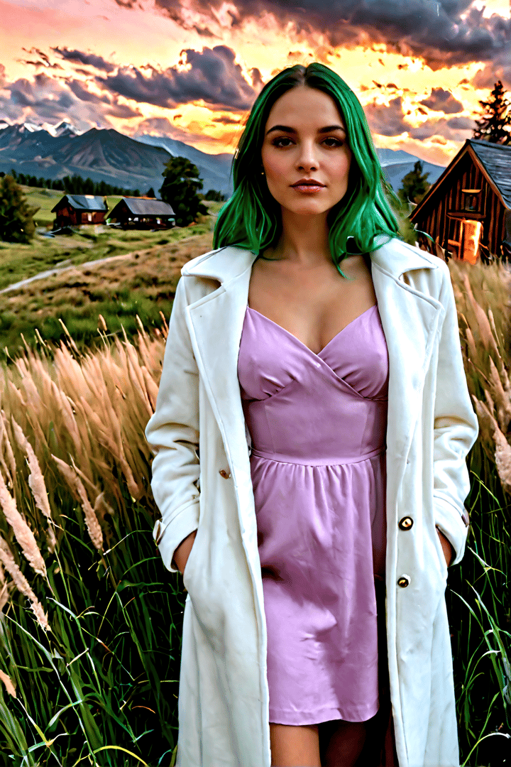 AI generated wallpaper featuring woman, green hair, coat, dress, grass, mountains, sky