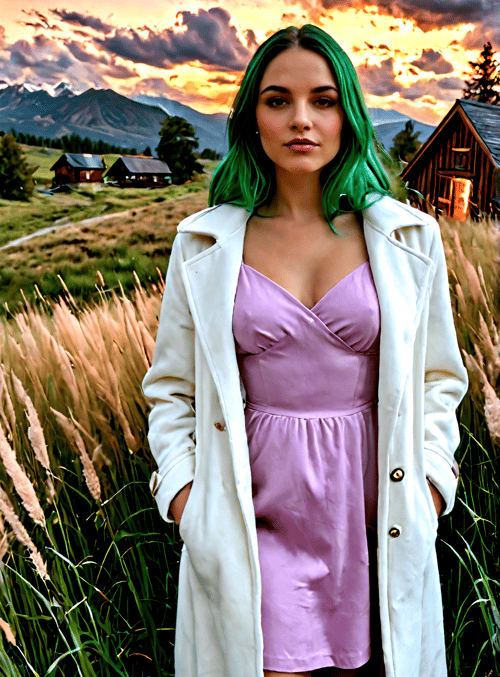 woman, green hair, coat, dress, grass, mountains, sky