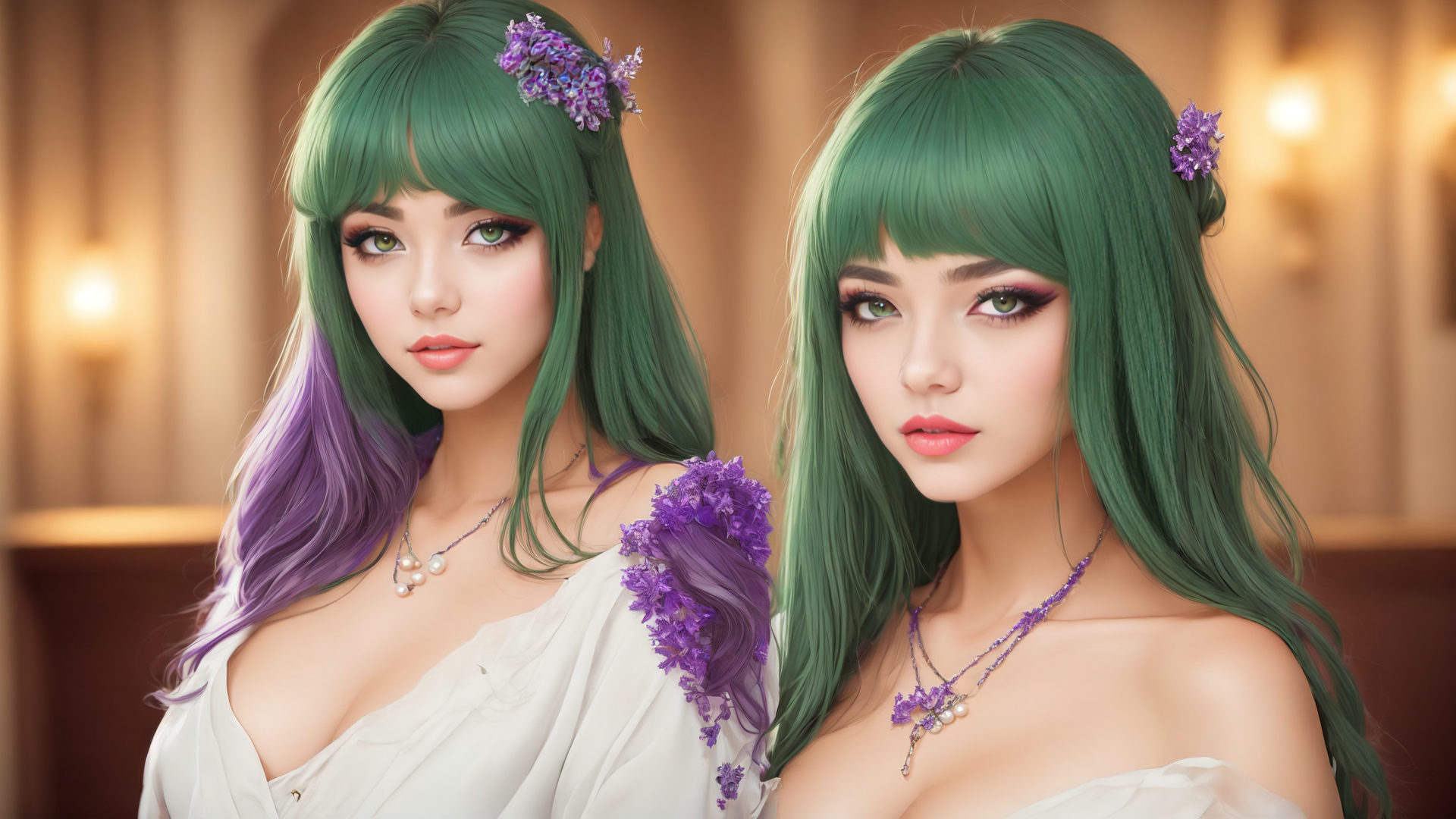 AI generated wallpaper featuring woman, hair, flower, dress, necklace