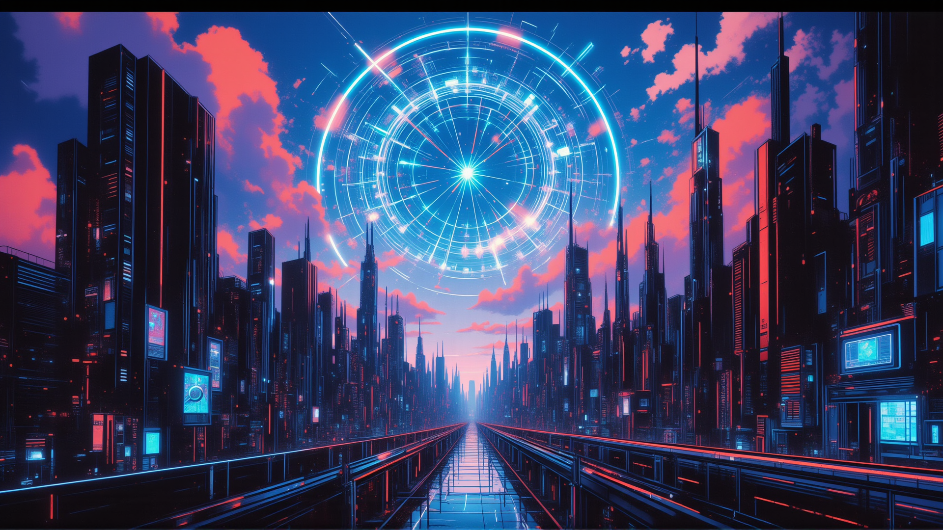 AI generated wallpaper featuring city, skyscrapers, portal, futuristic, structure, buildings, road, neon, sky, clouds