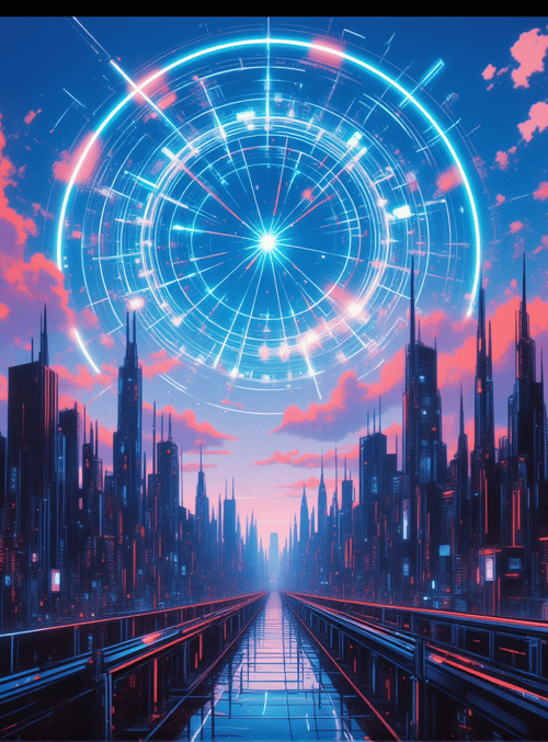 city, skyscrapers, portal, futuristic, structure, buildings, road, neon, sky, clouds