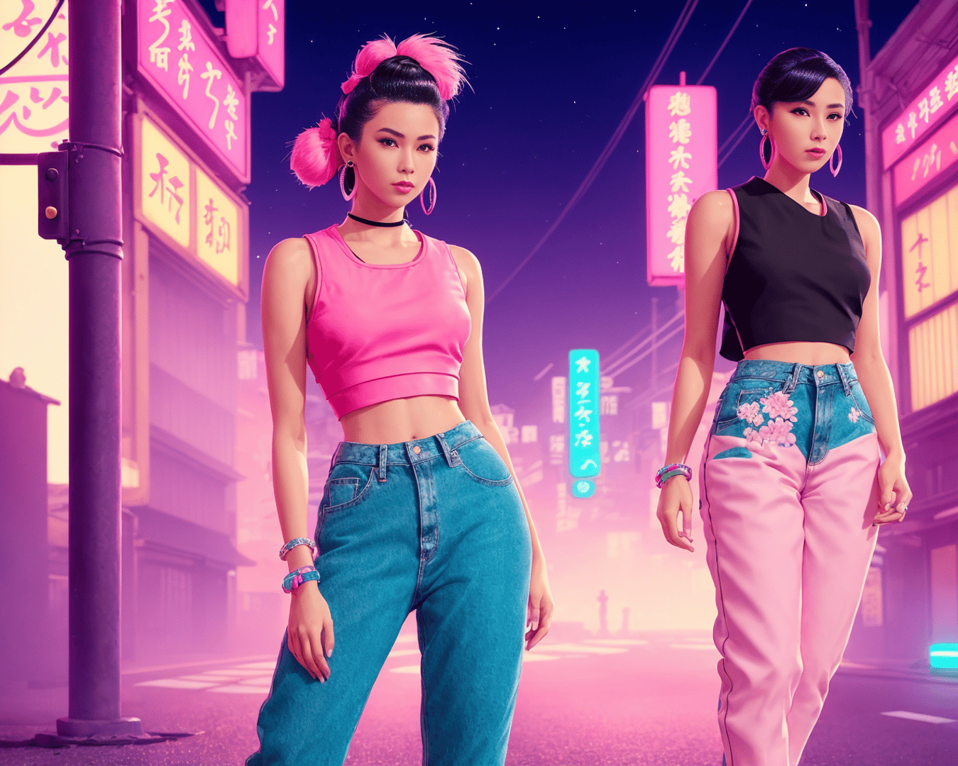 AI generated wallpaper featuring women, street, neon