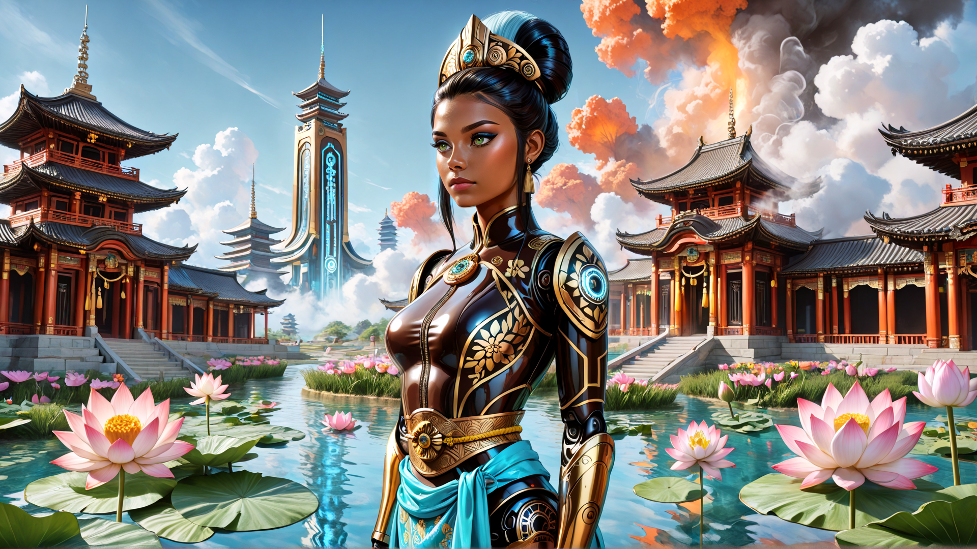 AI generated wallpaper featuring woman, lotus, temple, chinese architecture, armor
