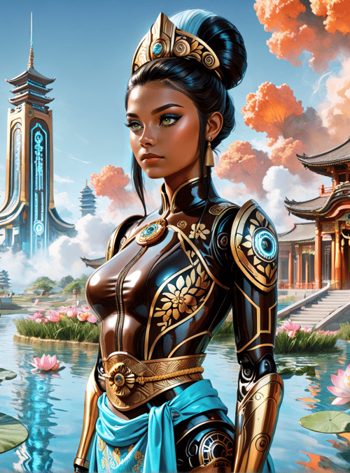 woman, lotus, temple, chinese architecture, armor