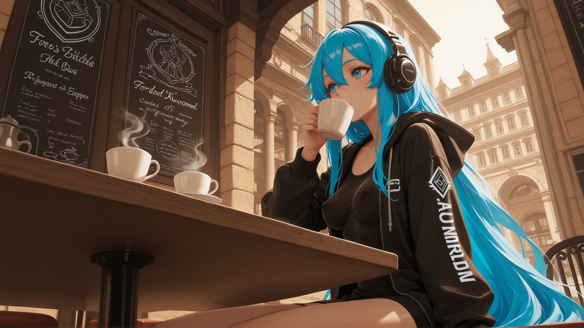 AI generated wallpaper featuring anime girl, coffee cup, headphones, cafe, blue hair, hoodie, table, menu board, building, cityscape