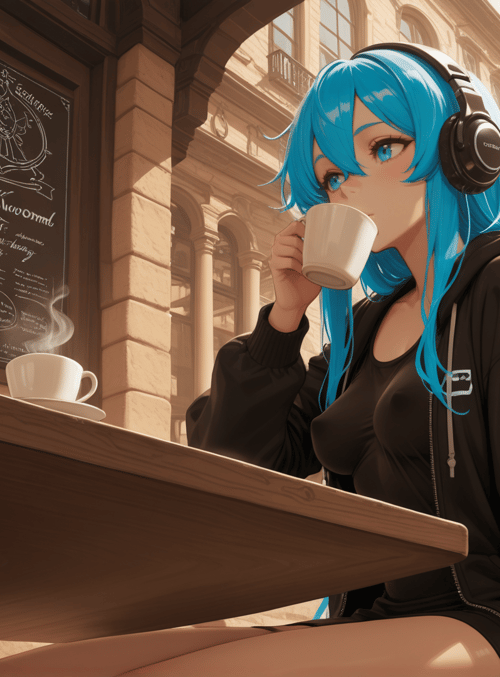 anime girl, coffee cup, headphones, cafe, blue hair, hoodie, table, menu board, building, cityscape