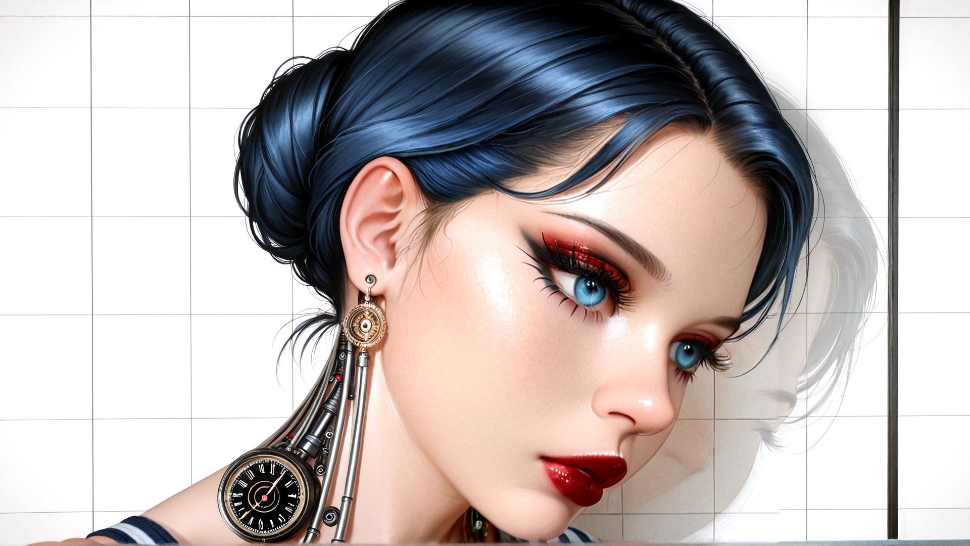 AI generated wallpaper featuring woman, hair, earring, clock, glasses