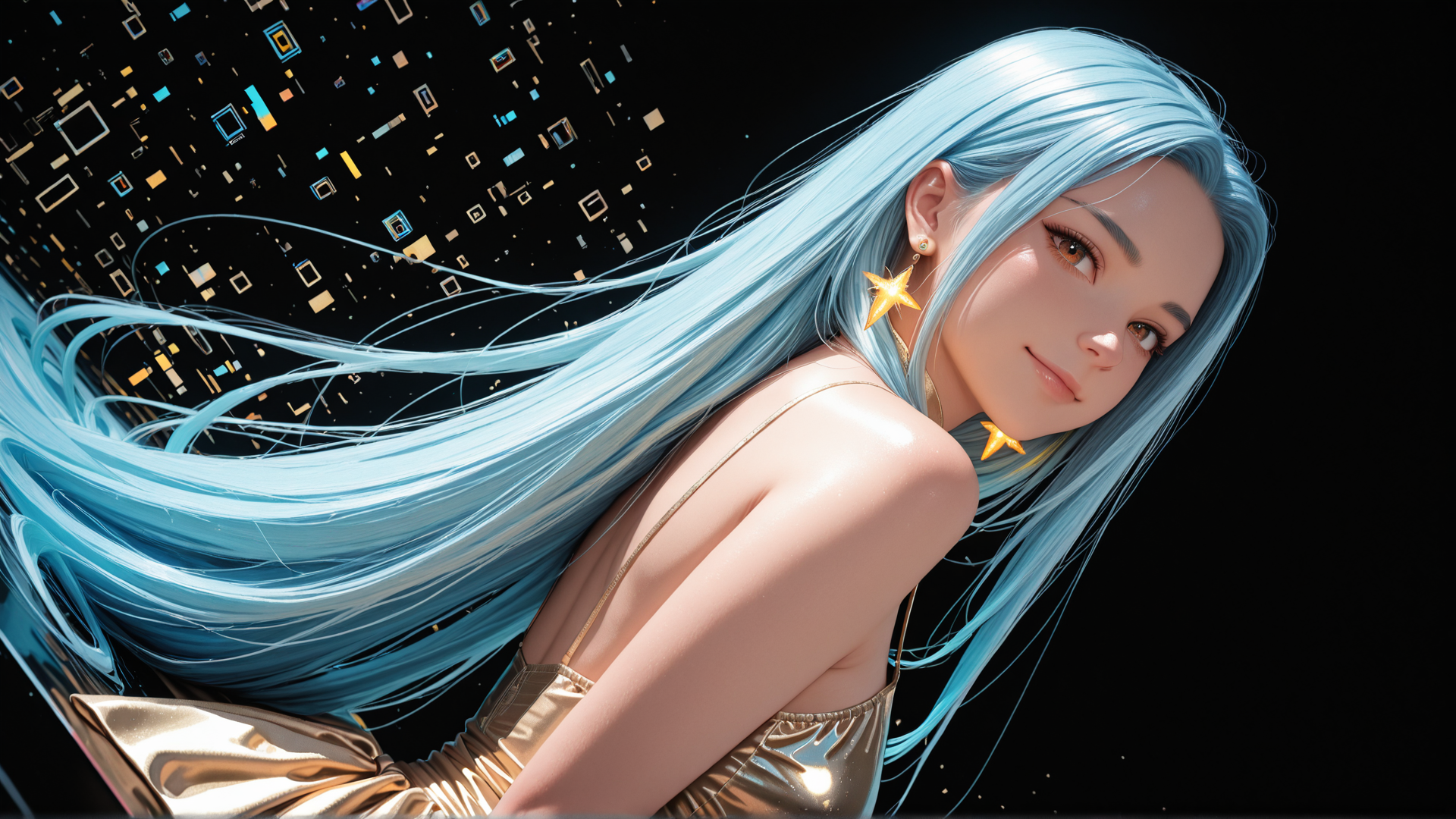 AI generated wallpaper featuring woman, hair, ears, dress, earrings