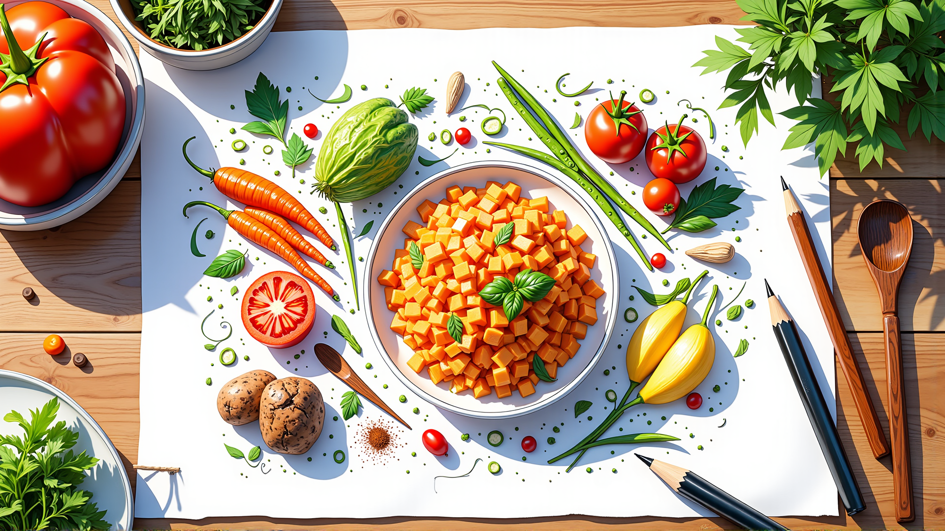 AI generated wallpaper featuring vegetables, cheese, pencils