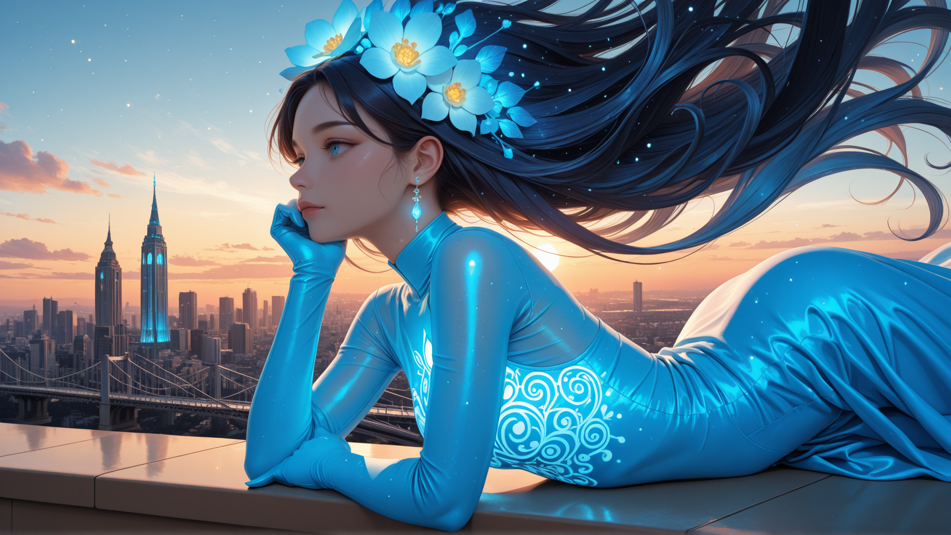 AI generated wallpaper featuring woman, cityscape, flowers, dress, hair, bridge, buildings, sun, sky, stars