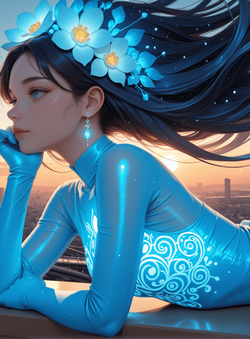 woman, cityscape, flowers, dress, hair, bridge, buildings, sun, sky, stars