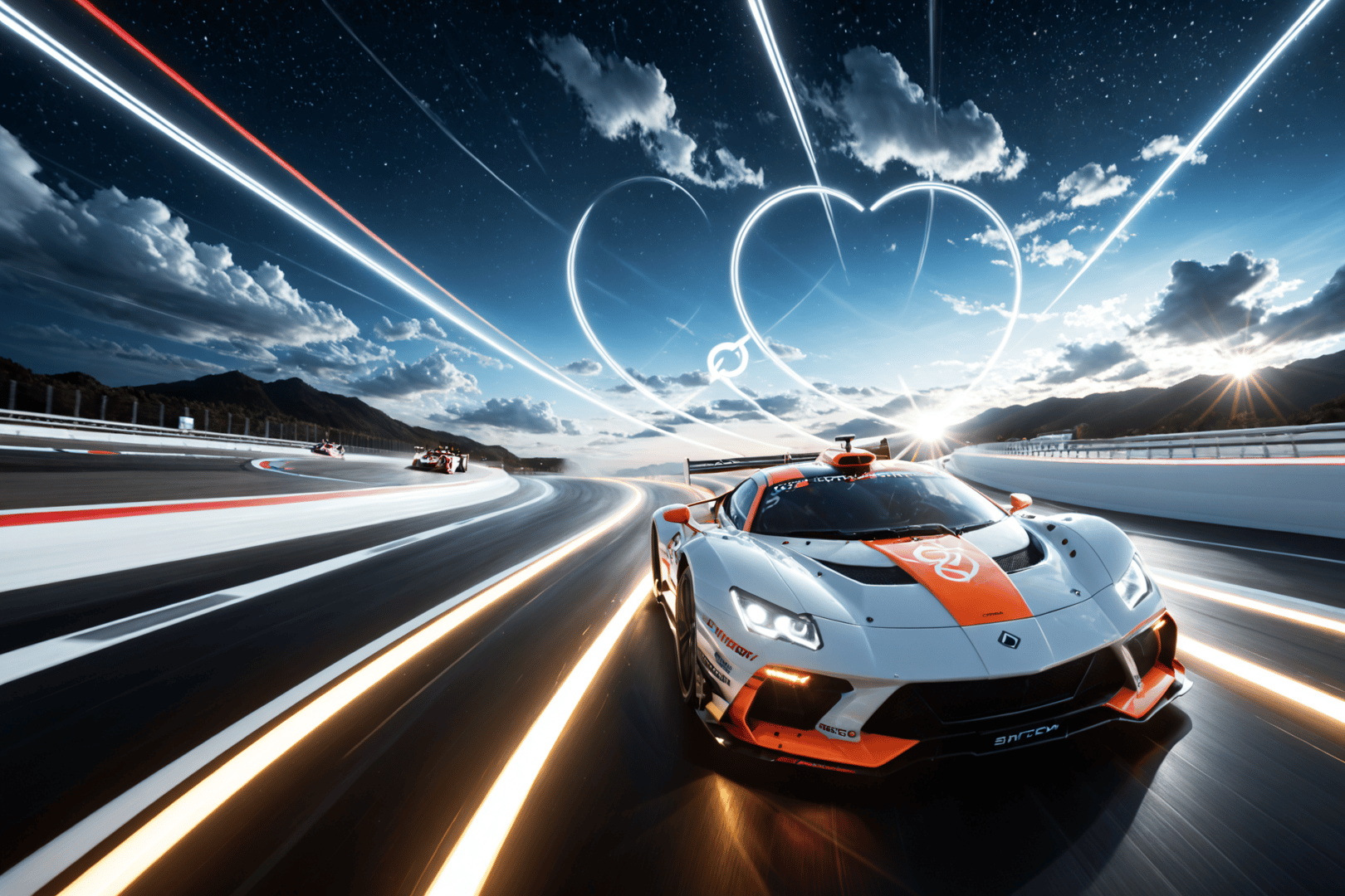 AI generated wallpaper featuring sports car, race track, heart