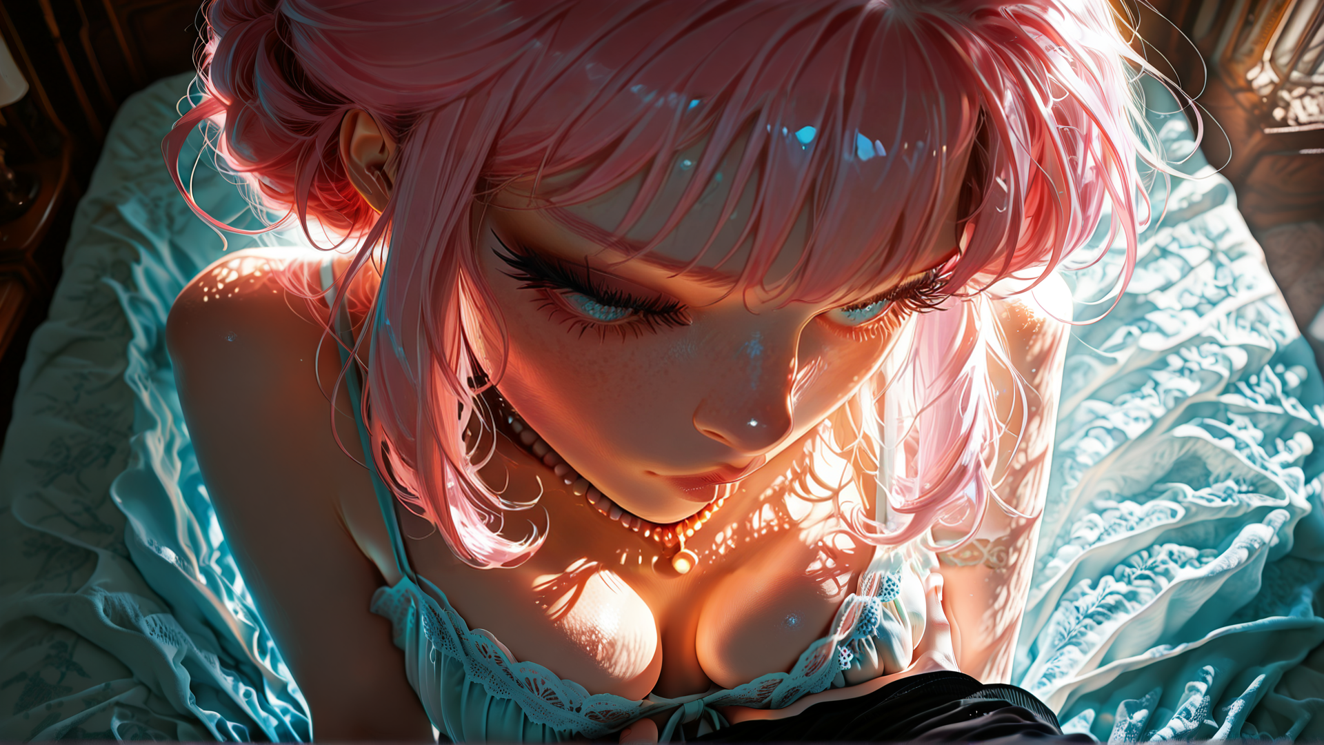 AI generated wallpaper featuring woman, pink hair, bed, lacy top, pearl necklace