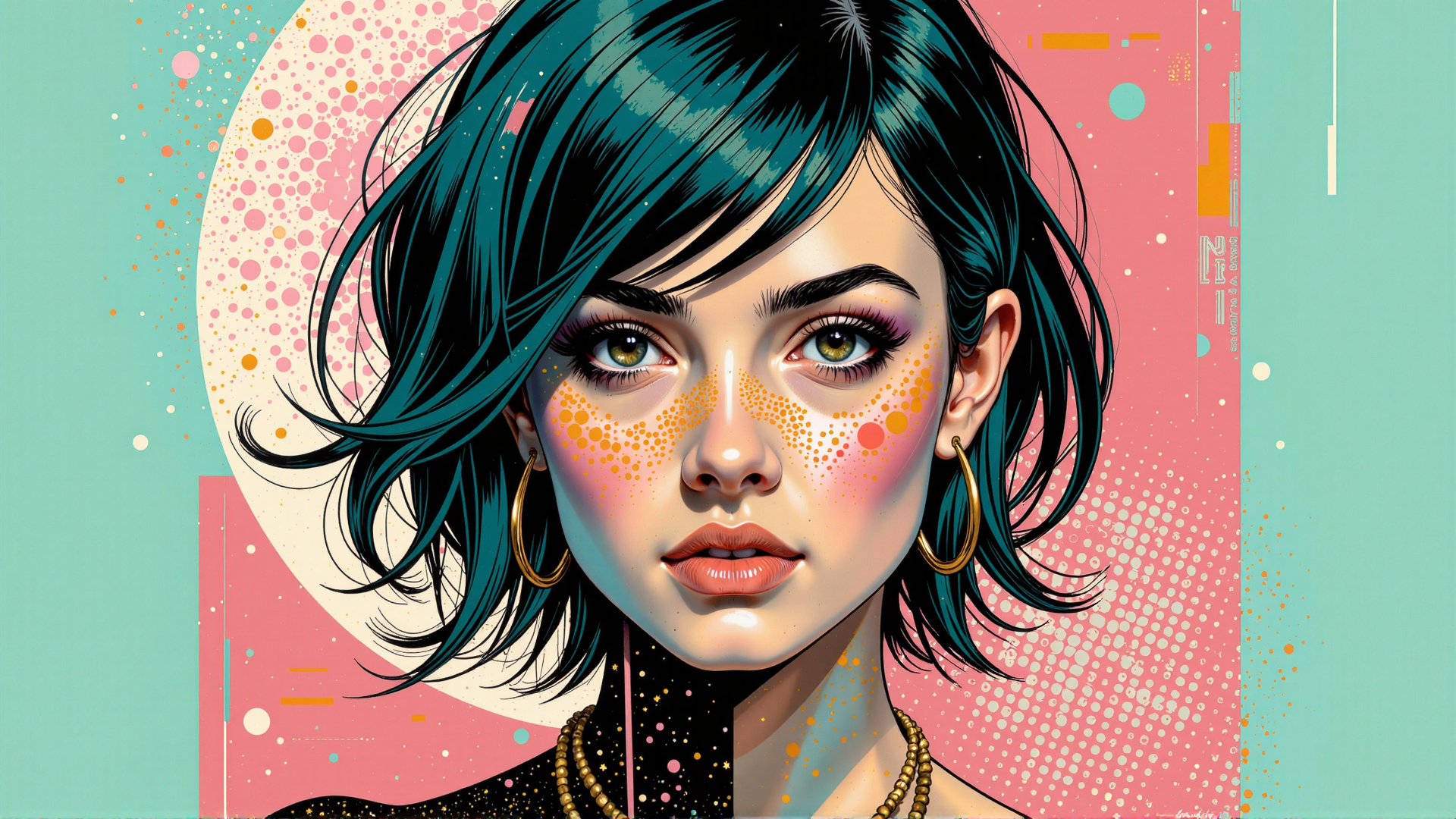 AI generated wallpaper featuring woman, hair, ears, nose, lips, jewelry, neck, face, eyes, shoulders