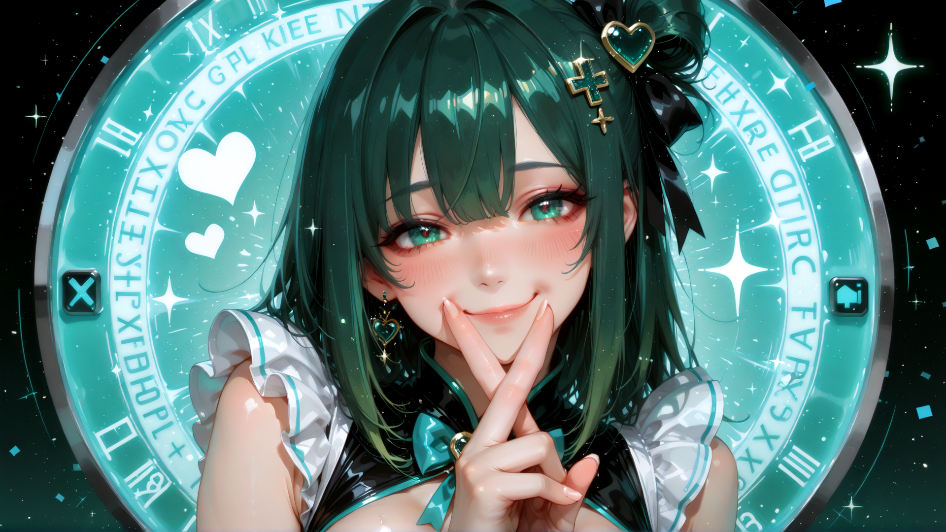AI generated wallpaper featuring anime girl, hearts, clock, stars