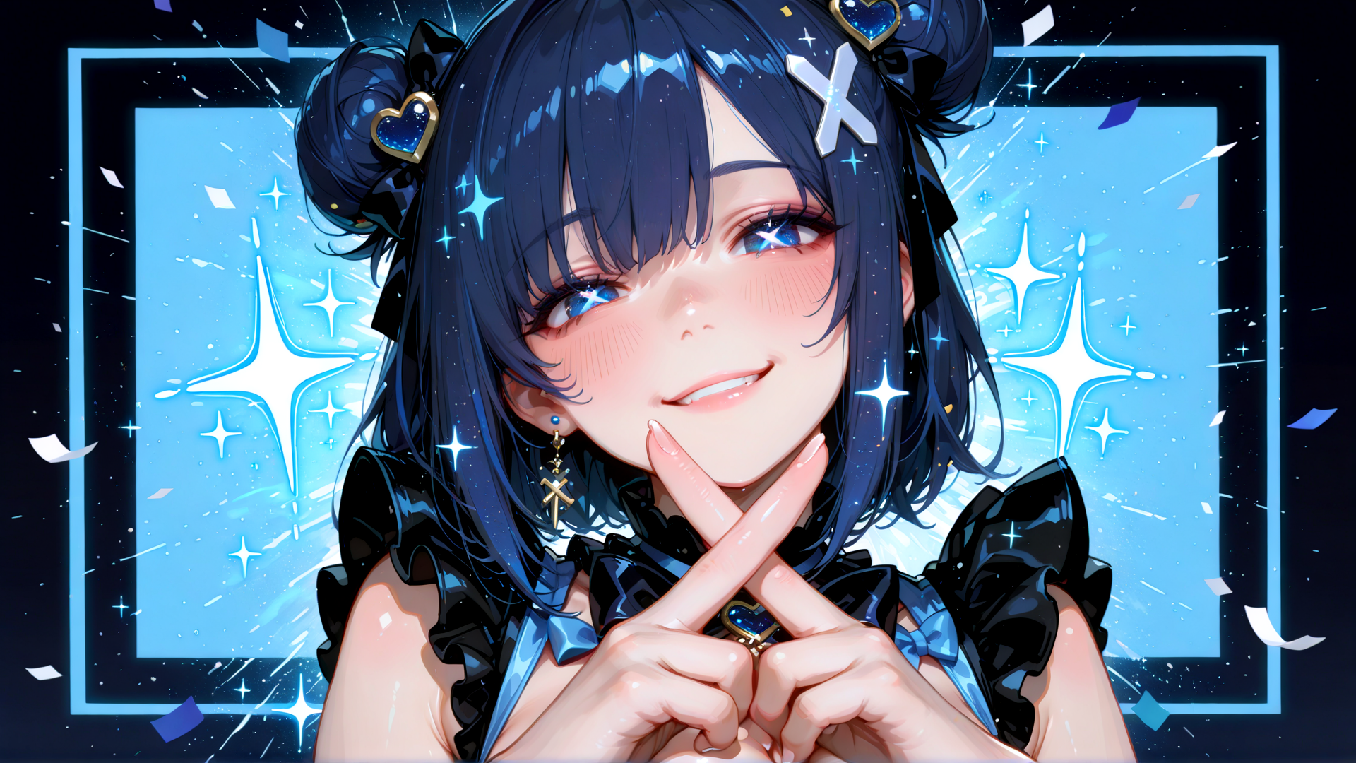 AI generated wallpaper featuring girl, anime, character, celebration, confetti, hair, eyes, hands, bow, heart