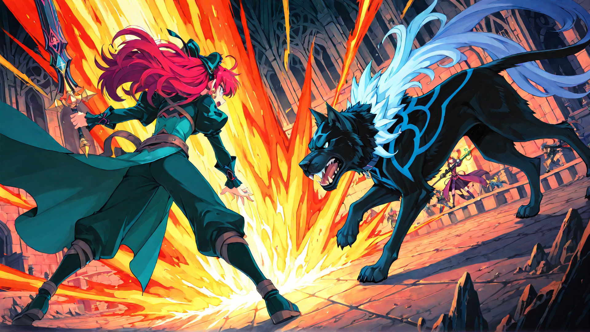AI generated wallpaper featuring woman, wolf, sword, fire, cathedral
