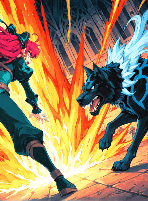 woman, wolf, sword, fire, cathedral