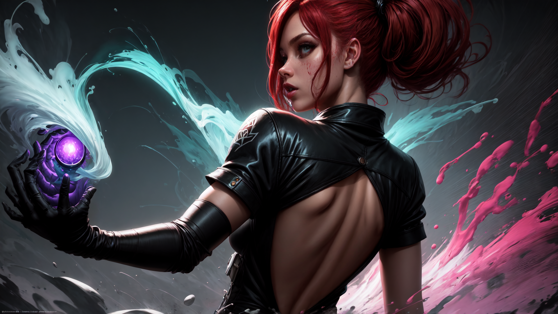 AI generated wallpaper featuring woman, gloved hand, energy orb