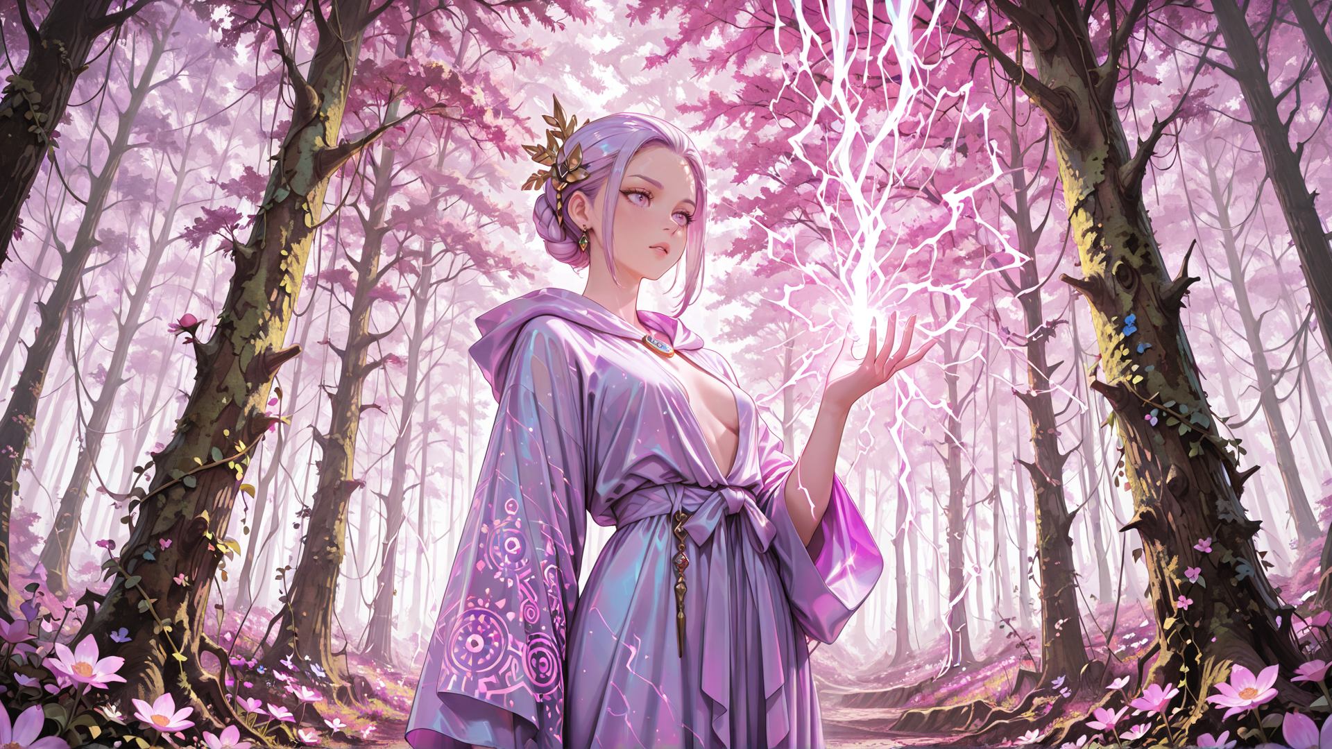 AI generated wallpaper featuring woman, witch, forest, trees, magic, flowers, lightning, dress, headdress, sparkles