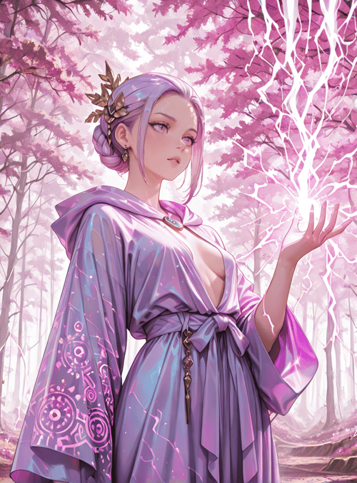 woman, witch, forest, trees, magic, flowers, lightning, dress, headdress, sparkles