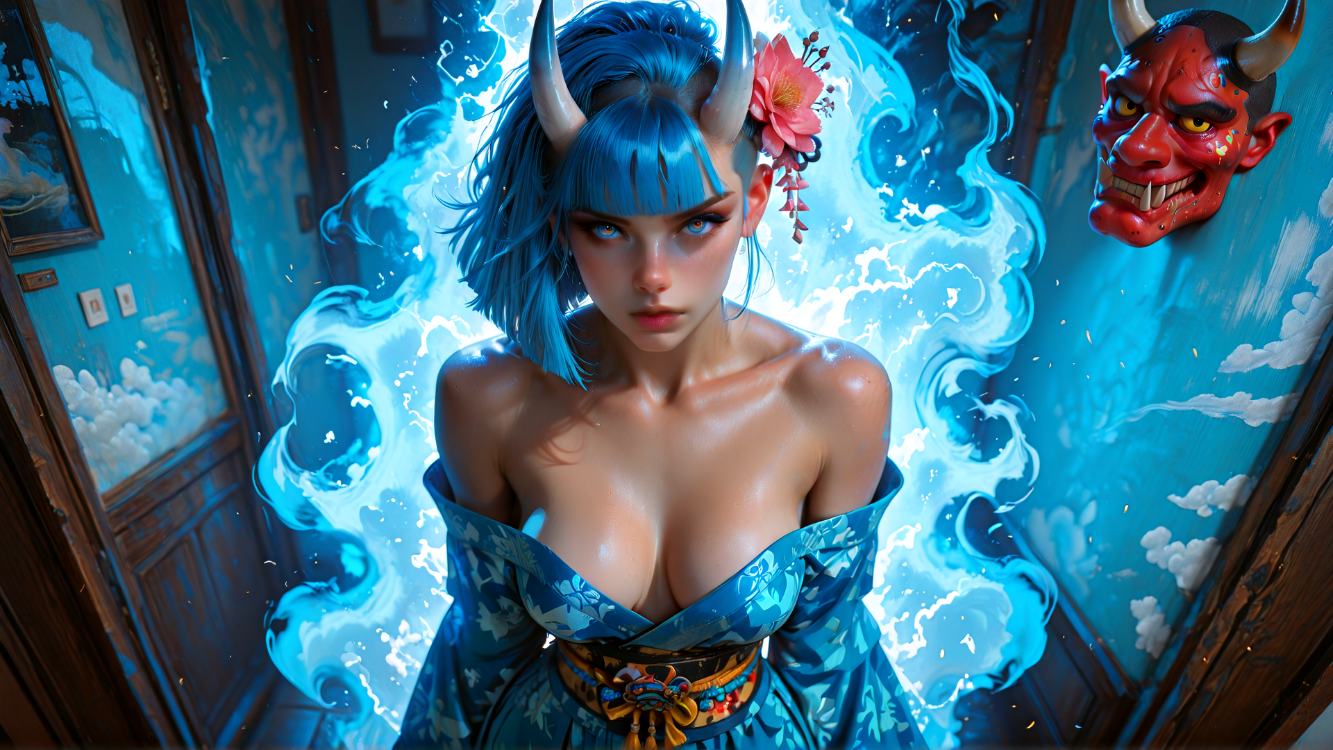 AI generated wallpaper featuring woman, horn, flower, dress, mask, cloud, door, room, light, angel