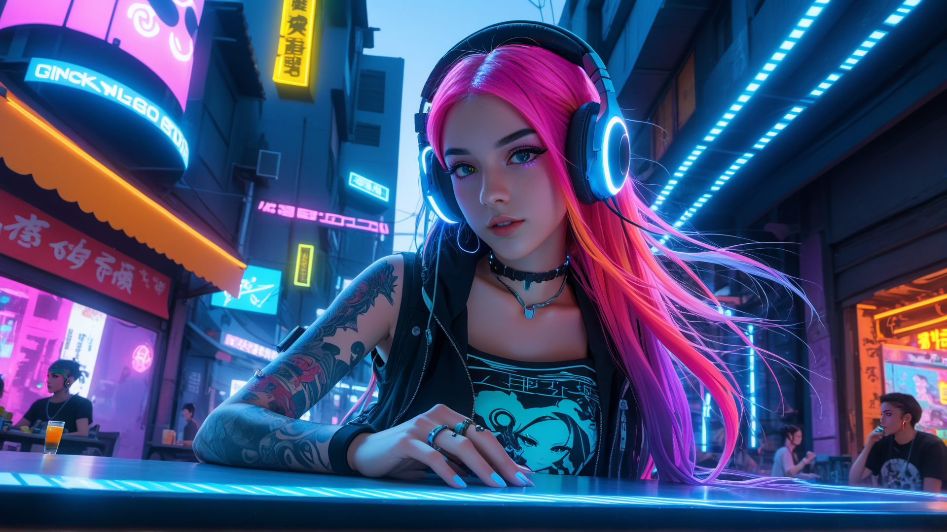 AI generated wallpaper featuring girl, cyberpunk, neon
