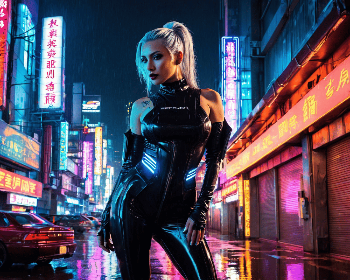 AI generated wallpaper featuring woman, neon, city