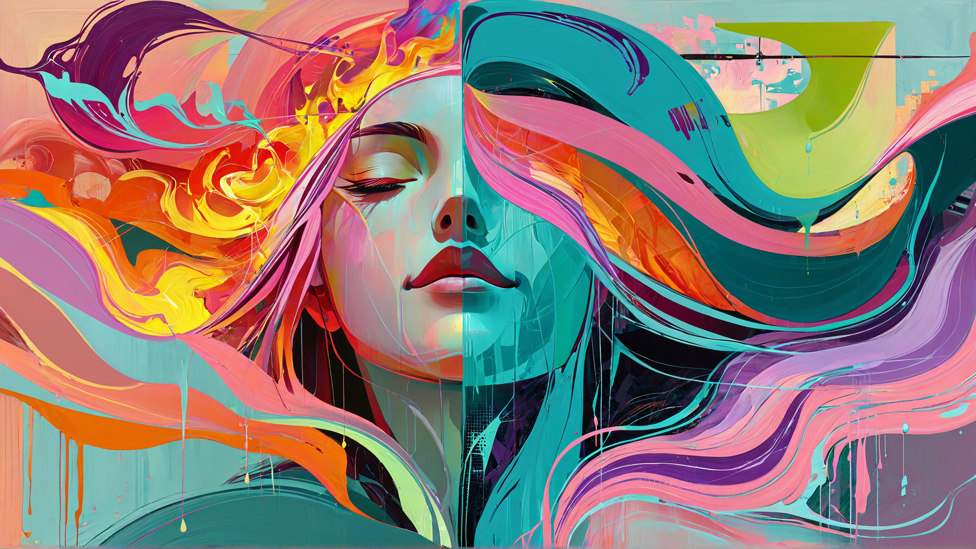 AI generated wallpaper featuring woman, face, hair, abstract, flame, wave, paint, liquid, surreal, digital