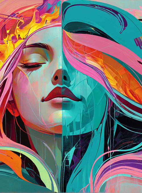 woman, face, hair, abstract, flame, wave, paint, liquid, surreal, digital
