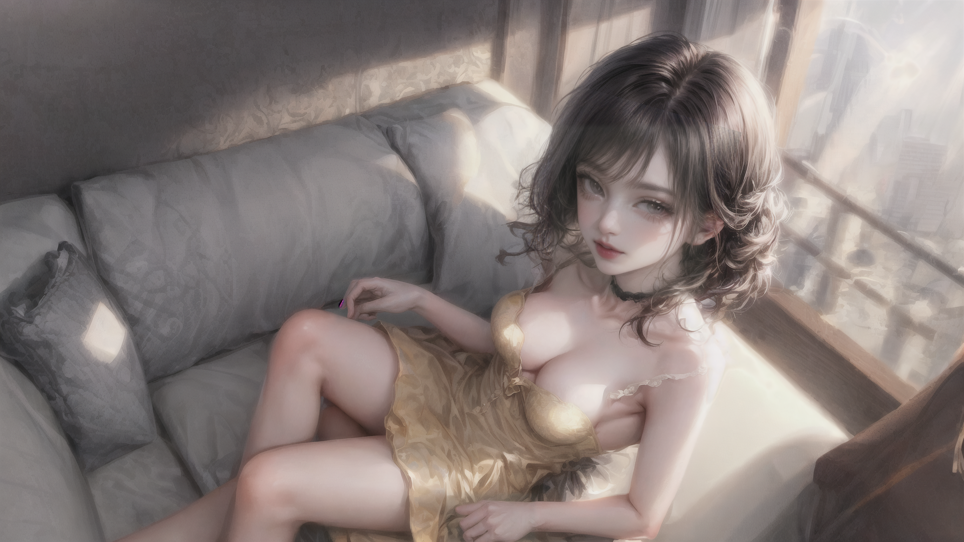AI generated wallpaper featuring woman, sofa, dress