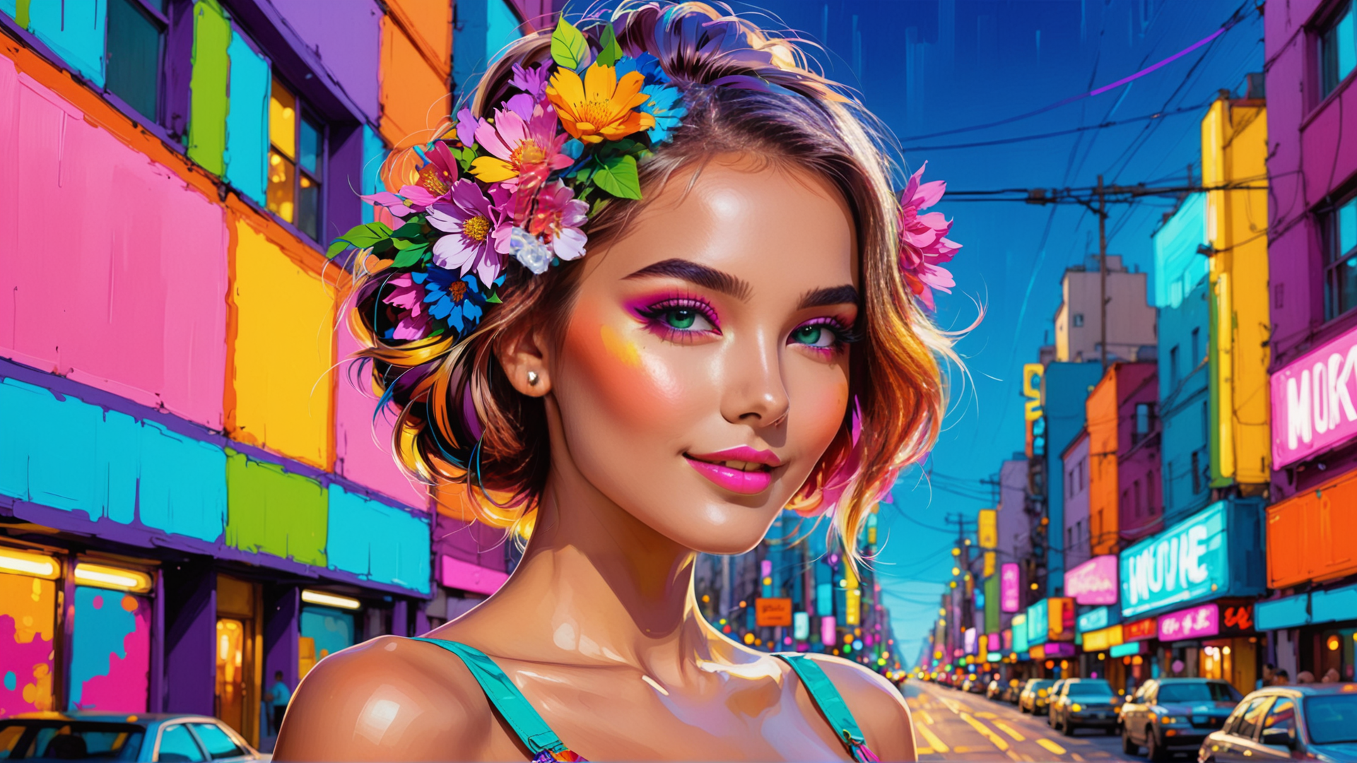 AI generated wallpaper featuring woman, flowers, city