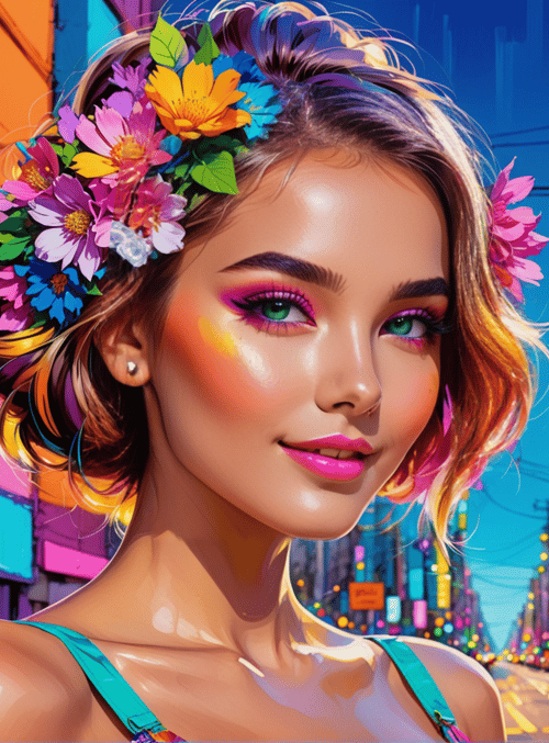 woman, flowers, city