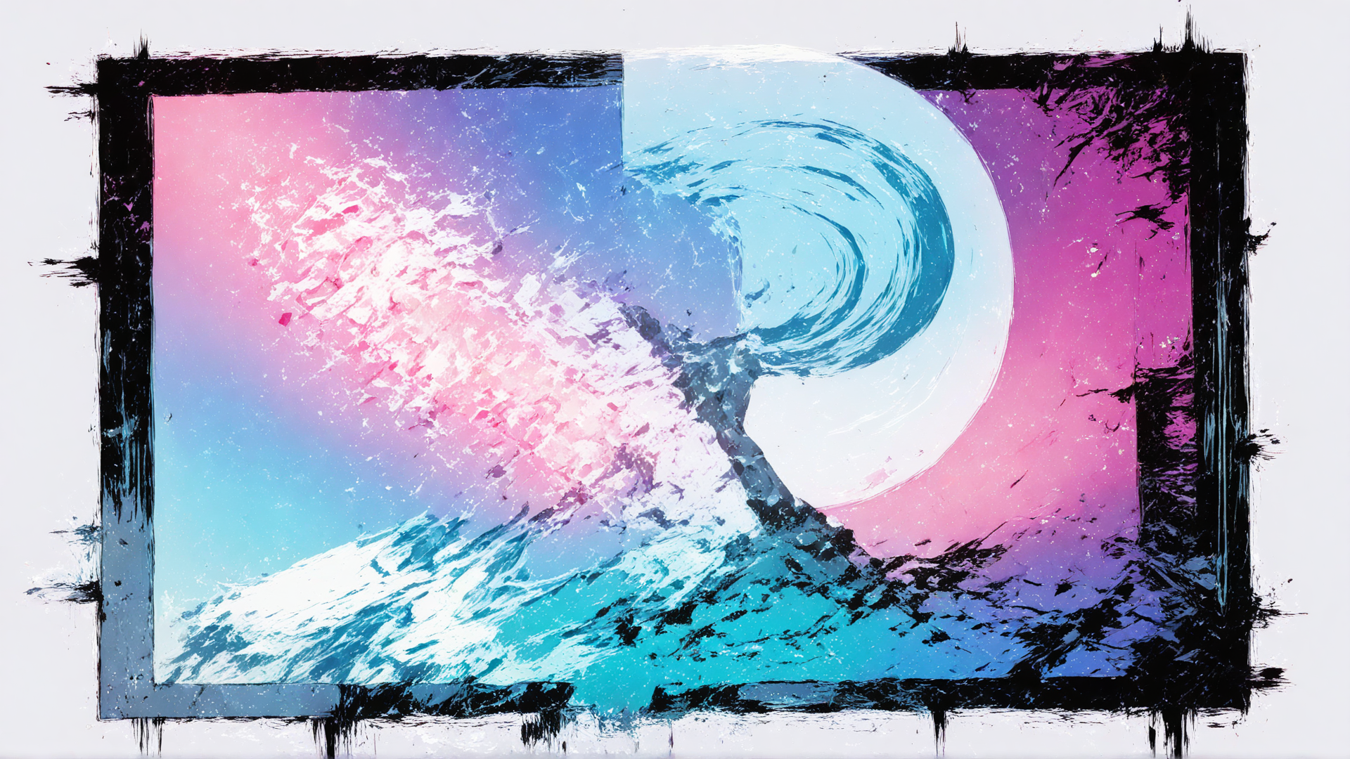 AI generated wallpaper featuring mountain, wave, moon, sun, sky, tree, frame, abstract, art, particles
