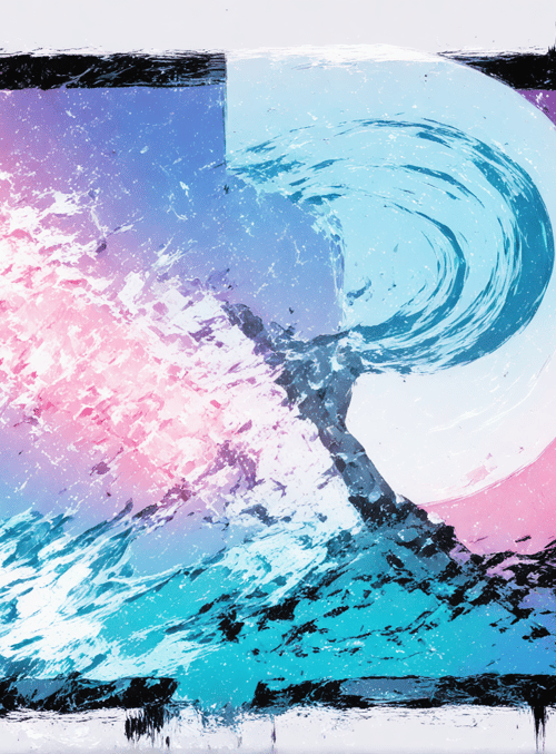 mountain, wave, moon, sun, sky, tree, frame, abstract, art, particles