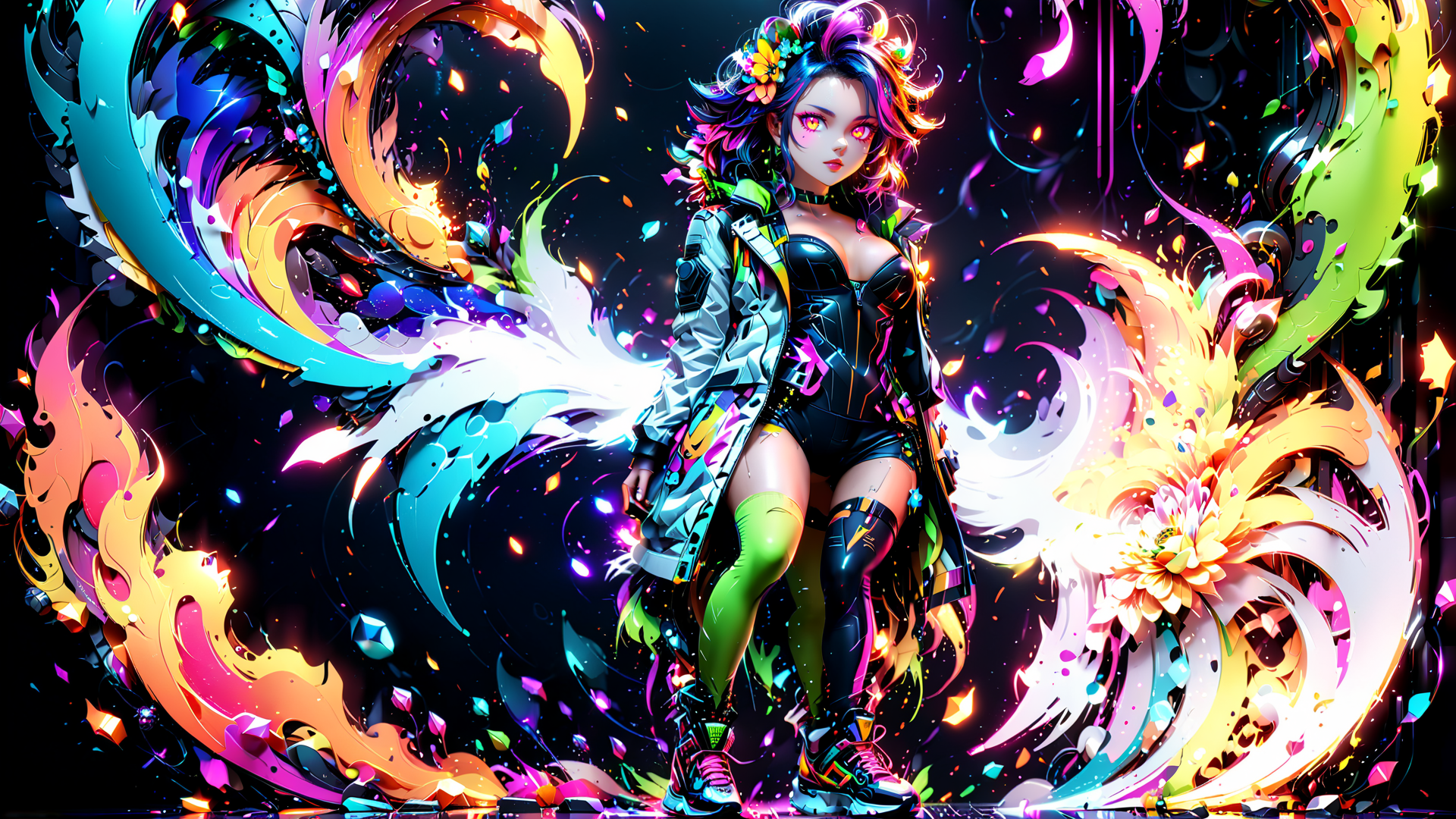 AI generated wallpaper featuring woman, cyberpunk, flower